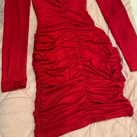 Temptations Red Ruched Bishop Sleeve Cocktail Dress - Picture 2 of 7